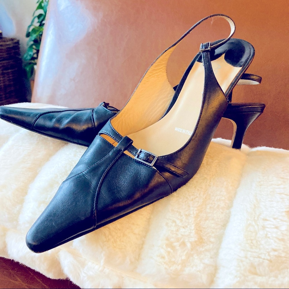 Amalfi Black Leather Sling Back Kitten Heel Pumps
